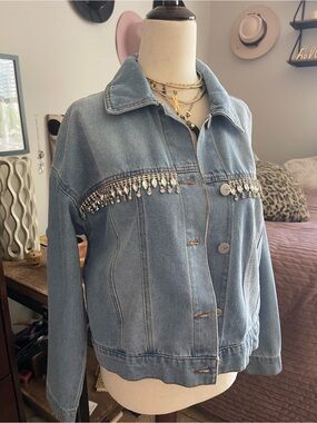 Denim Jacket with Crystal Fringe - Light Blue
